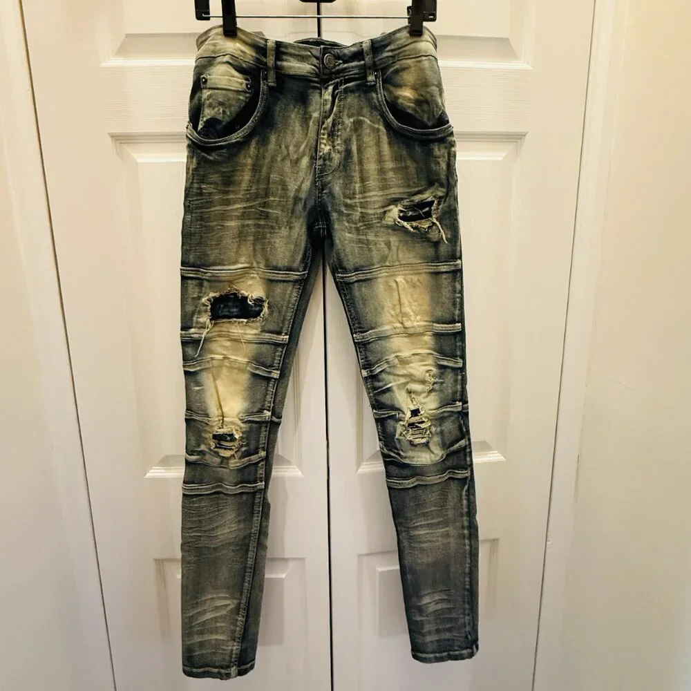 TAKER Blue Distressed Men's Jeans 30x32  (32 inseam/ 30 waist measured) stretch - Picture 8 of 15